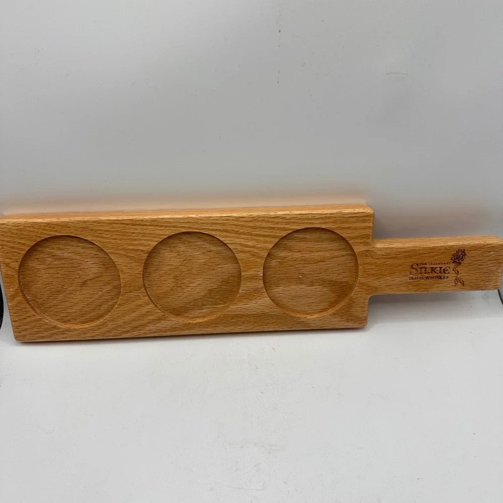 Silkie Irish Whiskey Wooden Flight Board Tasting Paddle 3 Slot Oak Mermaid Logo